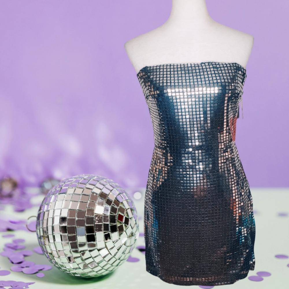 Forever 21 Party Collection Disco Ball Silver Mirrored Strapless Mini Dress